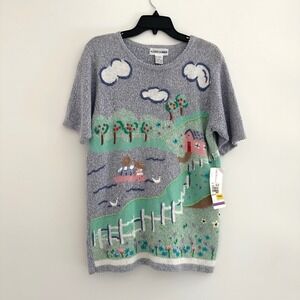 Vintage Womens Scenic Farm Novelty Knit Sweater Small Animal Teacher Cottage 90s